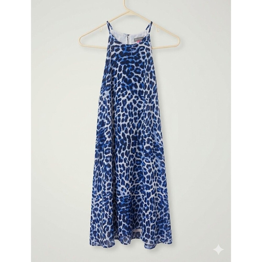 Vince Camuto Blue Leopard Halter Mini Dress XS Animal Print Sleeveless Shift